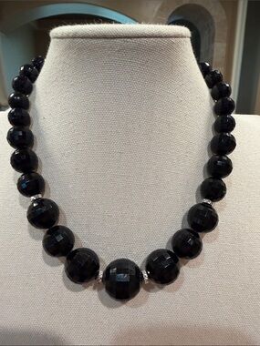 Black Faceted Bead Statement Necklace - Women Jewelry 16 inch